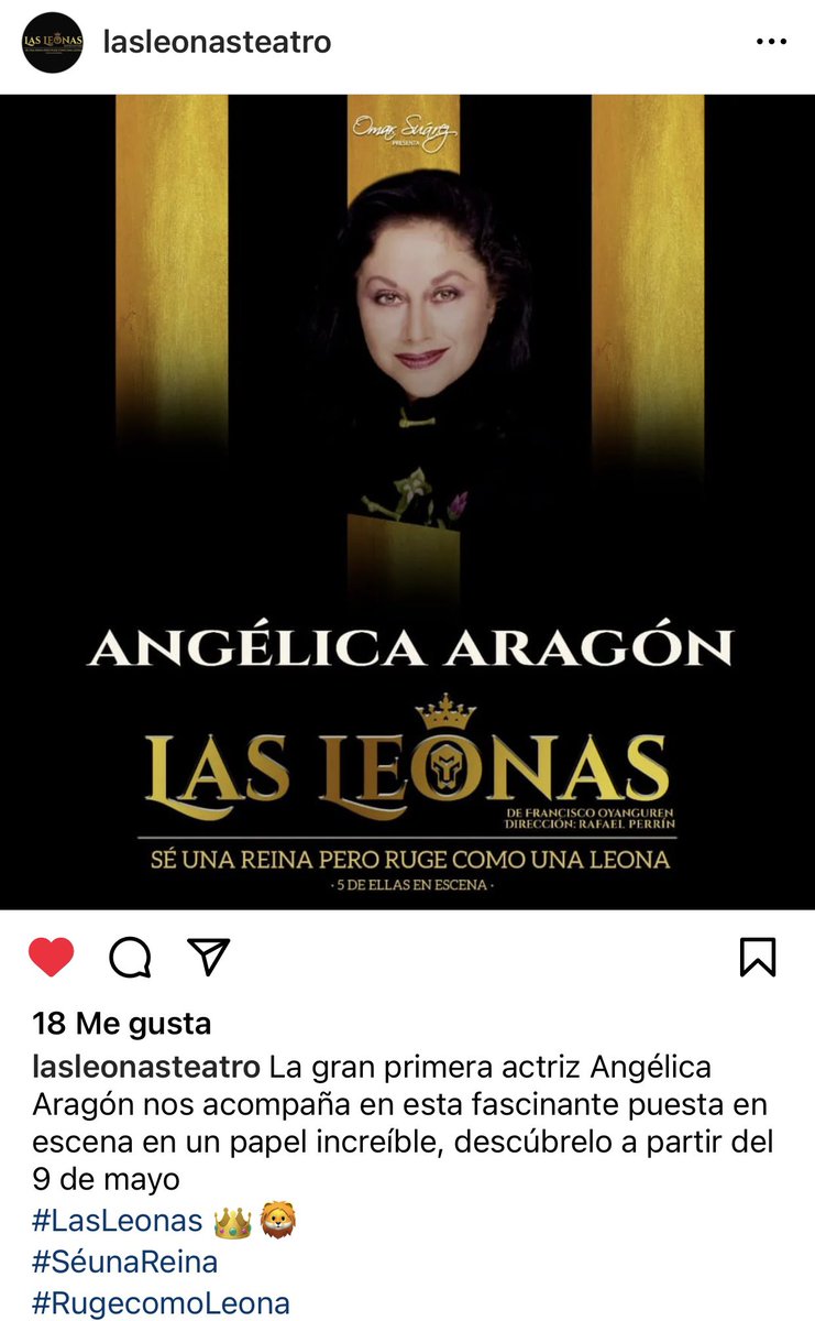 Mi señora Angélica Aragón es la quinta leona confirmada en la obra #LasLeonas. 🙌🏽✨

¡Emocionadísima por verla!😍🤩