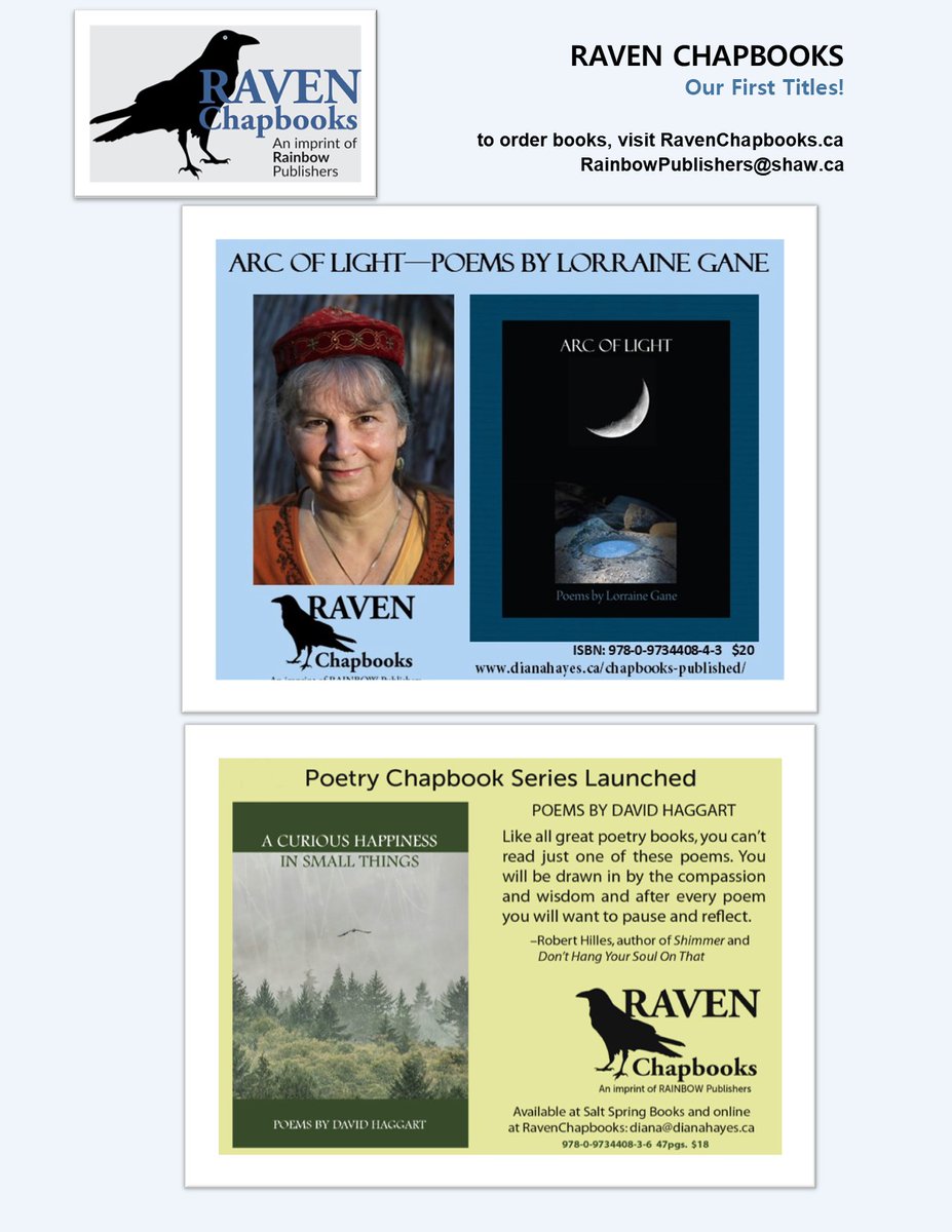 RAVEN CHAPBOOKS. Some of our titles are almost sold out. Order while they are available through our website RavenChapbooks(dot)ca, or email: RainbowPublishers@shaw.ca   In the short few years we have been publishing poetry, we have ten titles and one more in the works for 2024.