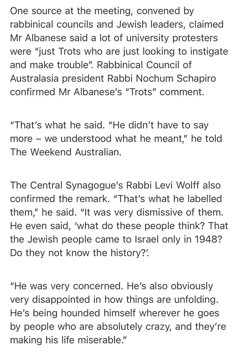 Gem of a quote from Rabbi Levi Wolf re Albanese’s comments on pro-Palestine protestors: “He’s being hounded himself wherever he goes by people who are absolutely crazy, and they’re making his life miserable.” Keep up the pressure comrades! Trots and all theaustralian.com.au/nation/politic…