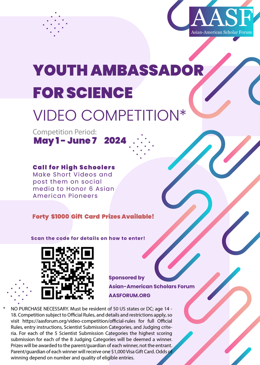 📣 Attention: Today, AASF launches our Youth Ambassador for Science competition! During AANHPI Heritage Month, create impactful videos highlighting Asian American scientists' contributions, and students could even win a prize. Details: aasforum.org/video-competit…