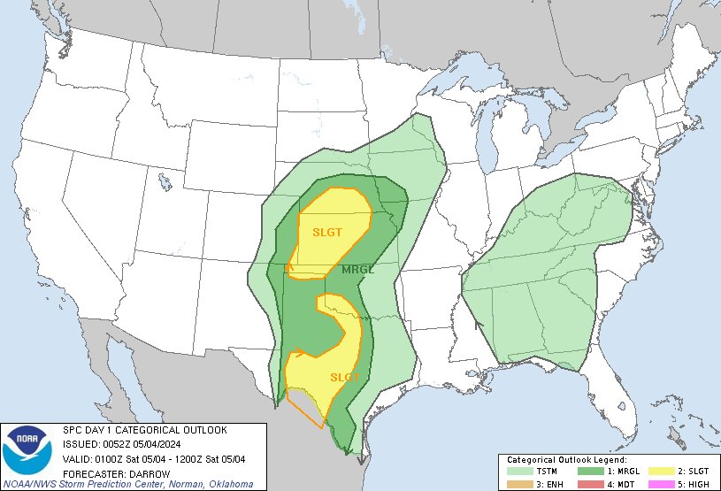7:54pm CDT #SPC Day1 Outlook Slight Risk: across portions of the central and southern Plains spc.noaa.gov/products/outlo…