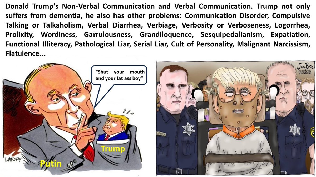 #Trump's #Communication: #NonVerbalCommunication & #VerbalCommunication. Trump not only suffers from #dementia, he also has other problems: #CommunicationDisorder #VerbalDiarrhea #Verbiage #Logorrhea #FunctionalIlliteracy #MalignantNarcissism #Flatulence...

#Election #TrumpTrial