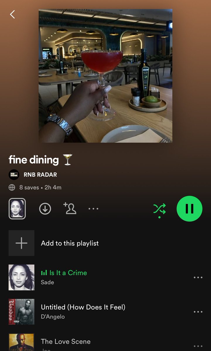 rnbradar's tweet photo. fine dining R&amp;B playlist 

featuring 

Sade 
D’angelo
Joe
Anita Baker
Mary J Blige
Smokey Robinson
Carl Thomas
Erykah Badu
Jill Scott
SWV
Aaliyah 
Brownstone
Maxwell 
Brandy 
Kem
Janet Jackson

&amp; more 🍸 https://t.co/3B3nk7Qu1x