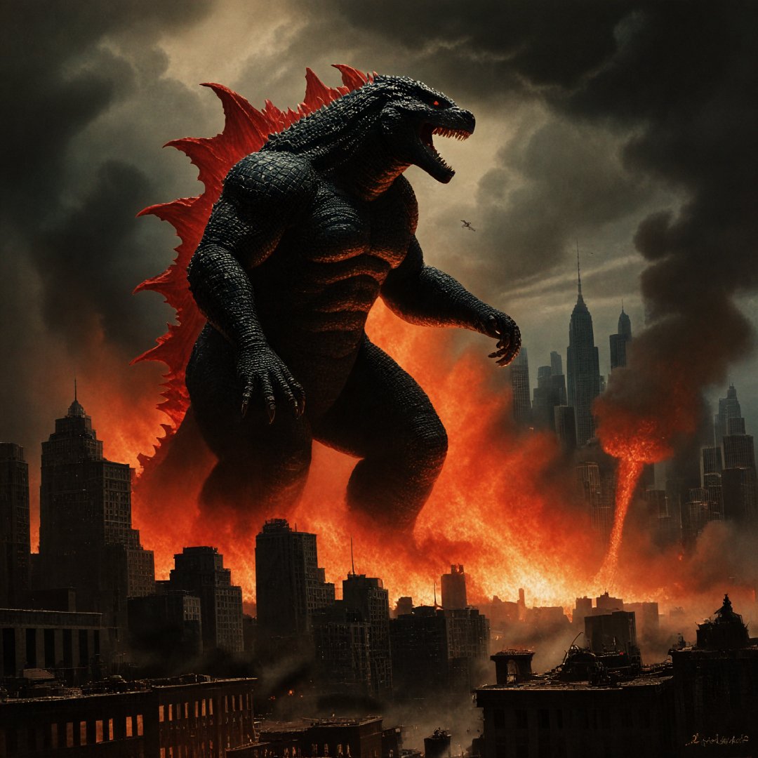 neoclassical oil painting of godzilla destroying a city