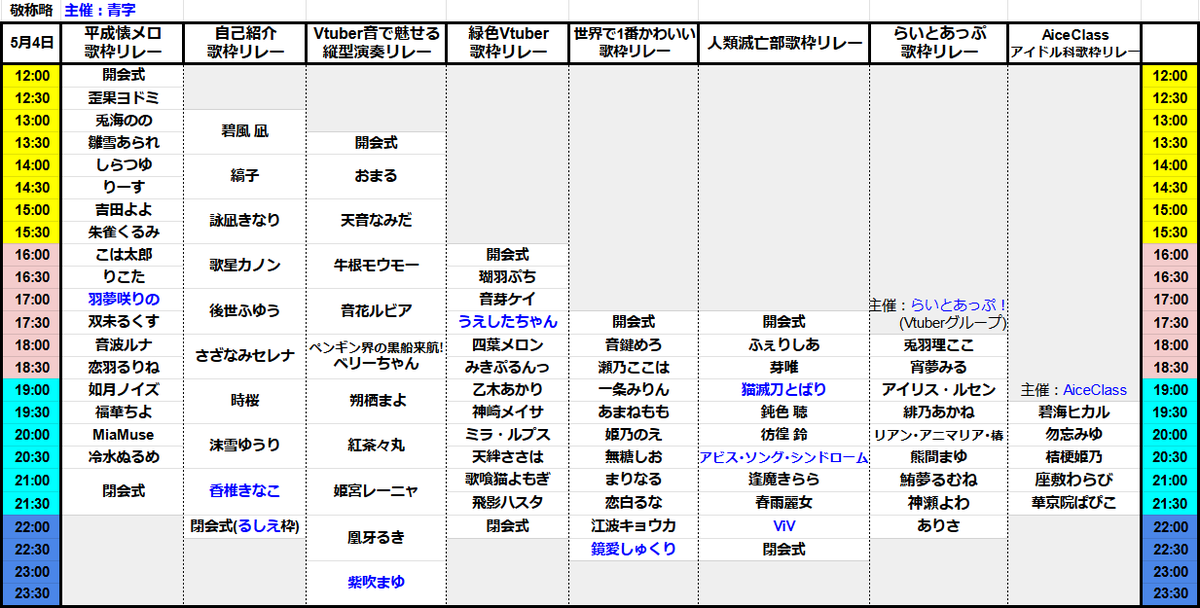 本日5/4(土)開催の歌枠リレーです
※詳細はツリーに引用有り
# 平成懐メロ歌枠リレー
# 自己紹介歌枠リレー
# Vtuber音で魅せる縦型演奏リレー
# 緑色Vtuber歌枠リレー
# 世界で1番かわいい歌枠リレー
# 人類滅亡部歌枠リレー
# らいとあっぷ歌枠リレー
# AiceClassアイドル科歌枠リレー