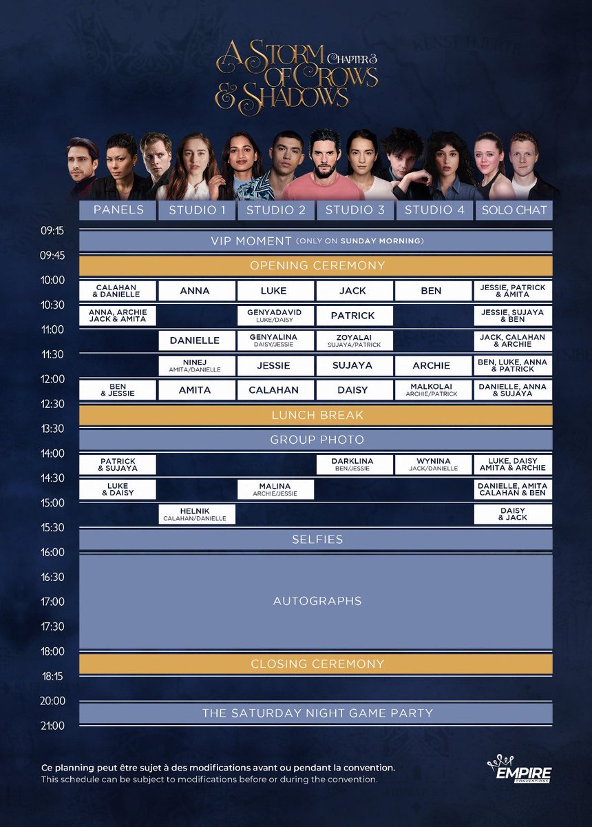 JuttaFreudig's tweet photo. #MusketeersEurope So this is our #Schedule for today ๐โค๏ธ #Paris #Convention #AStormOfCrowsAndShadows #ASOCAS3 with #LukePasqualino #lucapasqualino #DavidKostyk ๐ and #DaisyHead #GenyaSafin โค๏ธ https://t.co/8qEJOUVlbH