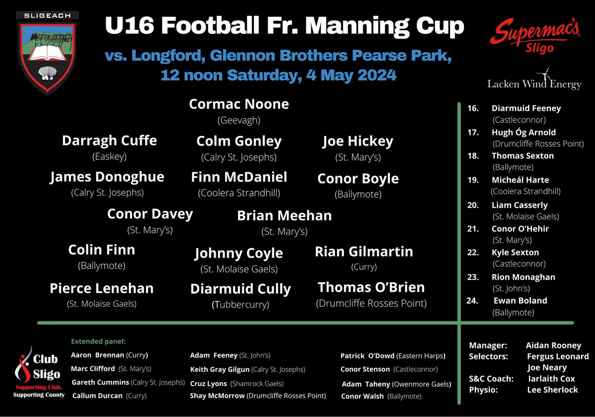 The U16 football team to play @OfficialLDGAA in R.1 of the Fr. Manning Cup in @GlennonBrothers Pearse Park at 12 noon today