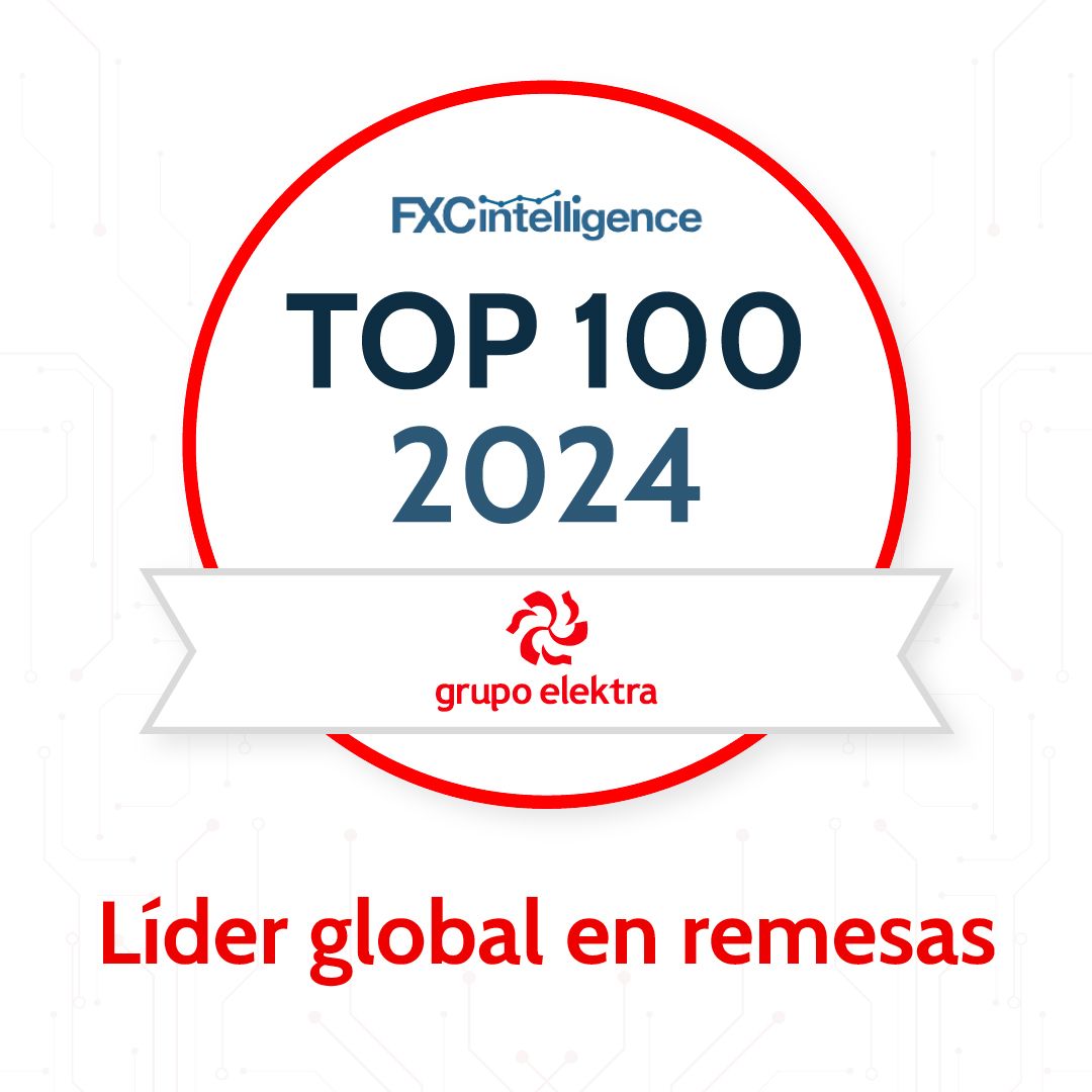 Estamos orgullosos del reconocimiento que hace @fxcintelligence a #GrupoElektra en el #FXCTop100 por nuestro enfoque en innovación, solidez y compromiso con nuestros clientes en México, Estados Unidos y otros países. #AquíEstamosyAquíSeguiremos