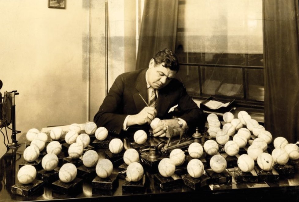 There’s no way there are so many real Babe Ruth signed baseballs.

Babe in 1927…