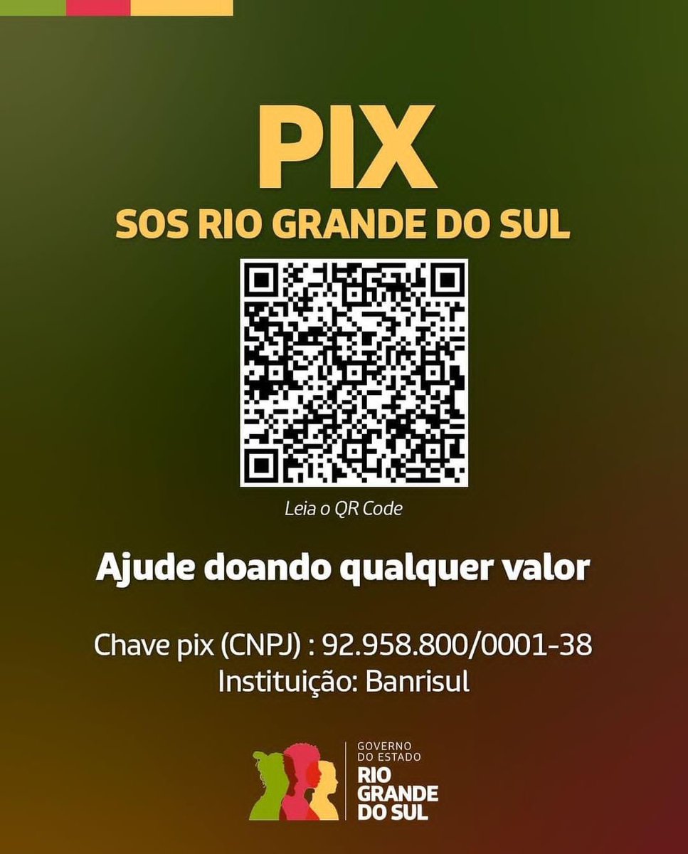 ⚠️

PIX criado pelo governo do Rio Grande do Sul para ajudar as pessoas afetadas pelas fortes chuvas no estado.

Se puder, colabore. Qualquer ajuda é bem-vinda para as vítimas.

Se não puder contribuir financeiramente, dê um RT para chegar no maior número possível de pessoas.