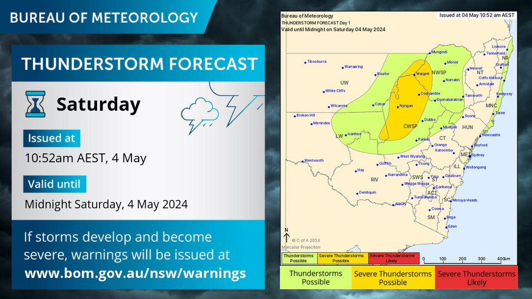 ⛈️Saturday forecast: Thunderstorms are possible inland north of Griffith, and along the east coast around and north of Wollongong. Severe thunderstorms with heavy rainfall that may cause flash flooding are possible inland. Warnings if needed: bom.gov.au/nsw/warnings/