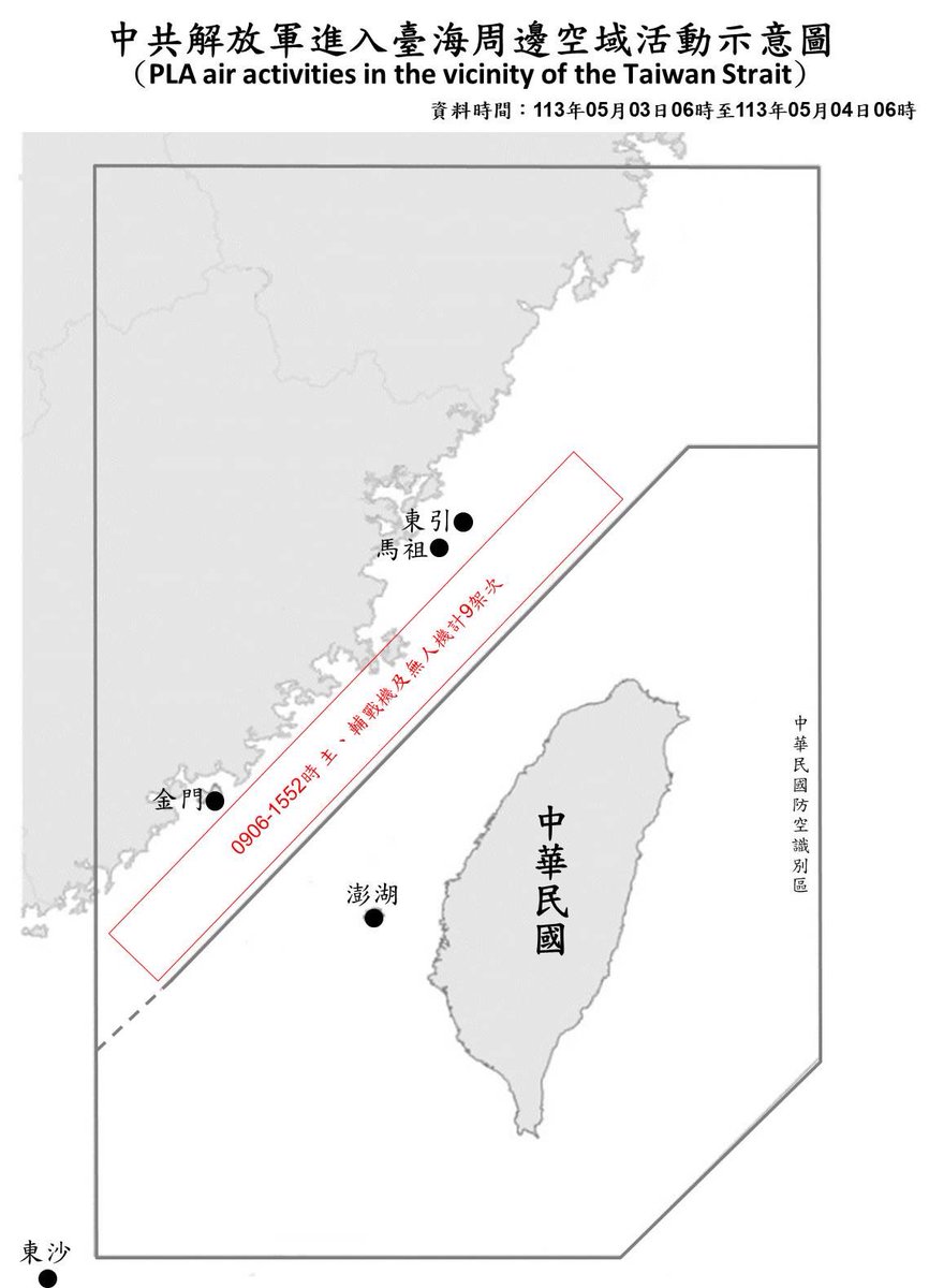 9 PLA aircraft and 5 PLAN vessels operating around Taiwan were detected up until 6 a.m. (UTC+8) today. #ROCArmedForces have monitored the situation and responded accordingly.