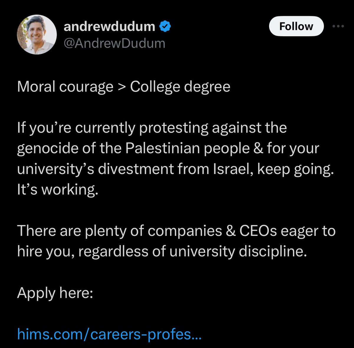 NEW: HIMS stock is going flaccid after founder & CEO Andrew Dudum praised pro-Palestine protesters & encouraged them to apply for jobs at his company. Hims stock, a male ED brand, was down 8% on Friday after Dudum said he was “eager” to hire these students. “Moral courage >…