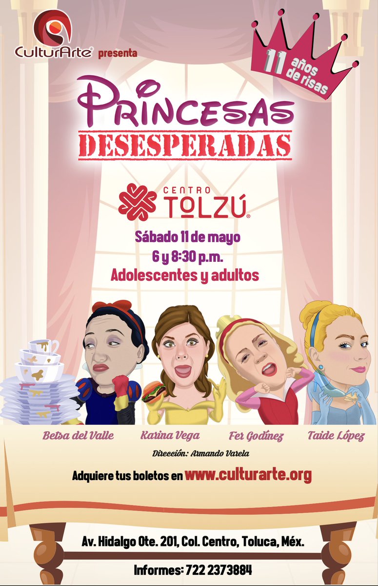 🤔 ¿Las princesas si vivieron felices para siempre? Descúbrelo en Princesas Desesperadas una obra de @CulturArte y pasa una tarde muy divertida en #CentroTolzú 👑😍 🗓️ 𝗦á𝗯𝗮𝗱𝗼 𝟭𝟭 𝗱𝗲 𝗺𝗮𝘆𝗼,18:00 y 20:30 horas 🎟️ en taquilla y en taquilladigital.culturarte.org/eventperforman…