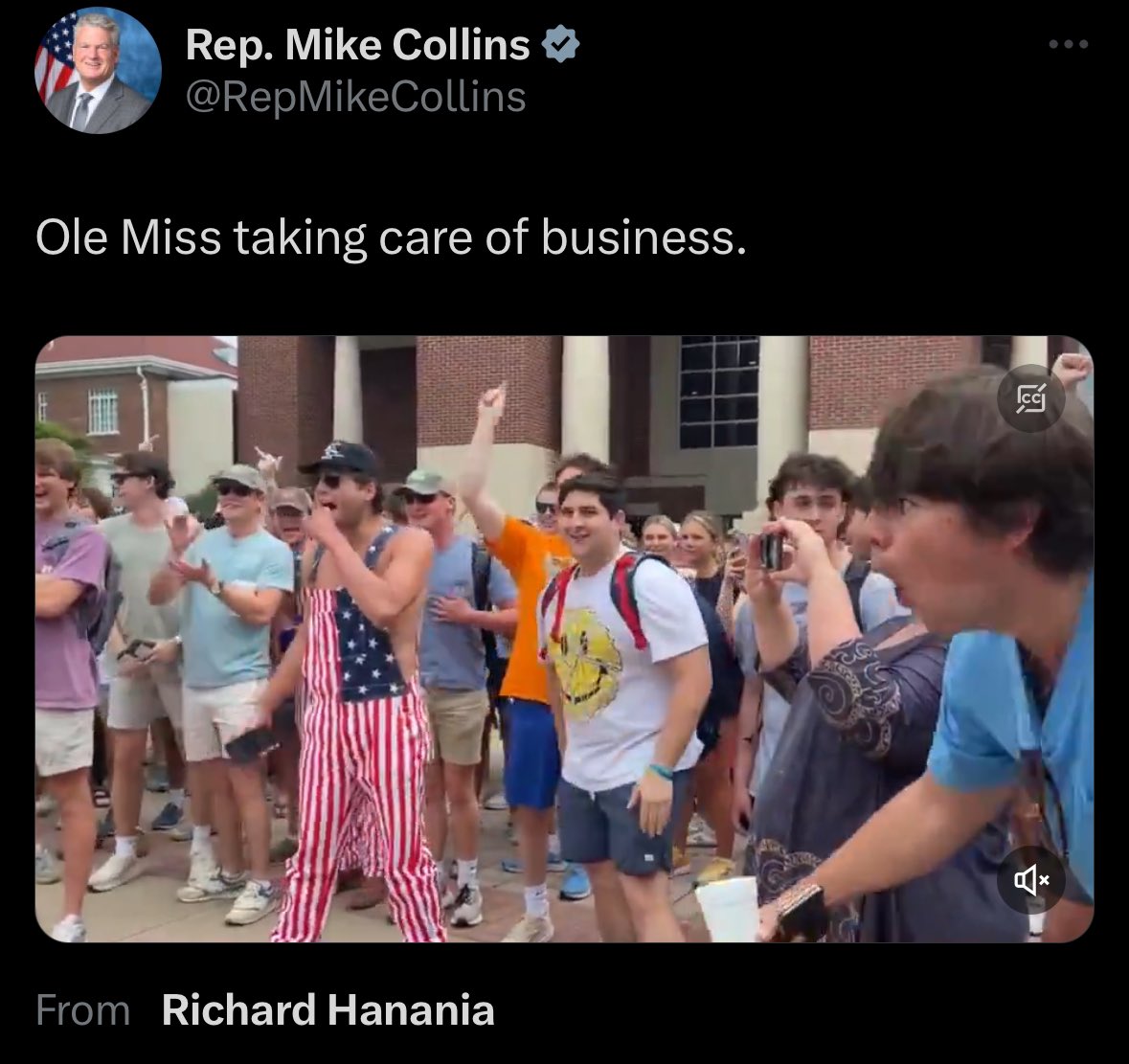 Most people would be shocked & horrified by racist Ole Miss white kids hooting, hollering, making monkey noises, & yelling the N-word at a Black woman. But not Rep. Mike Collins. He calls it “taking care of business.” The GOP is the party of disgusting fucking racists from hell.