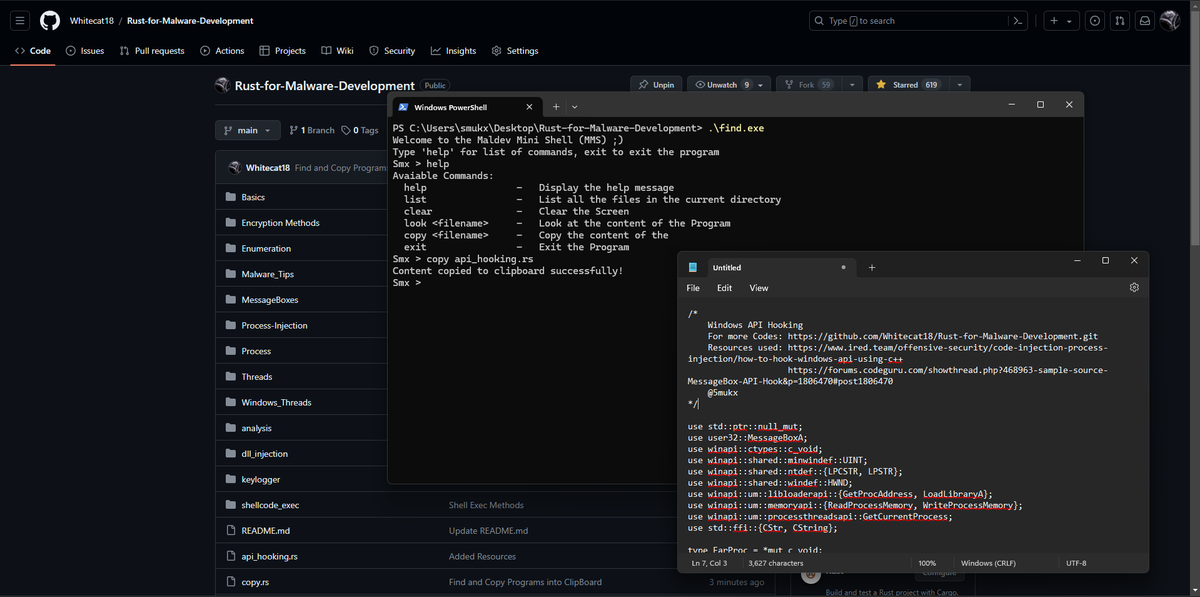 Small Feature. Run find.exe on our Rust-for-Maldev Repo to look , search copy the code into clipboard.
The Source code of the find.exe is copy[.]rs which you can find at the Repo. 

#maldev #repo #Features