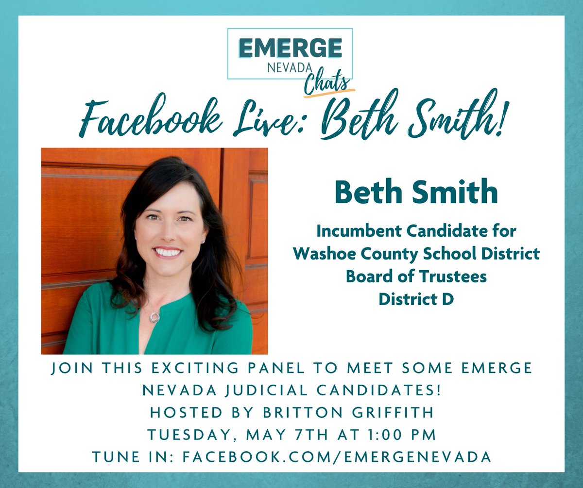 Don't miss our exciting Emerge Chats next Tuesday with dynamic Trustee Beth Smith! Watch live at 1pm ⬇️ Facebook.com/EmergeNevada
