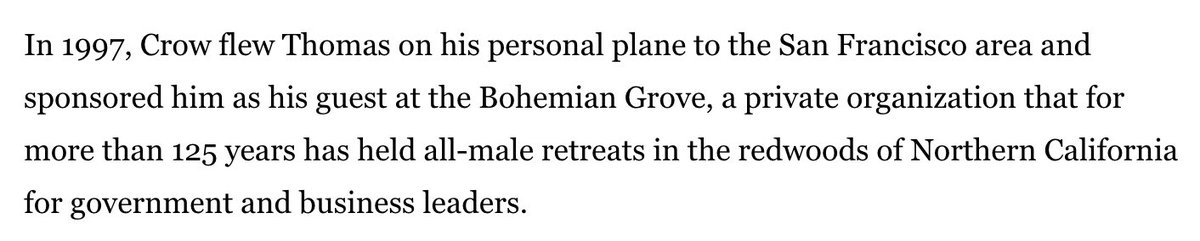 Wow, I was just able to confirm through prior reporting from the LA Times (2004) that Harlan Crow did, indeed, fly Clarence Thomas to Bohemian Grove. latimes.com/archives/la-xp…