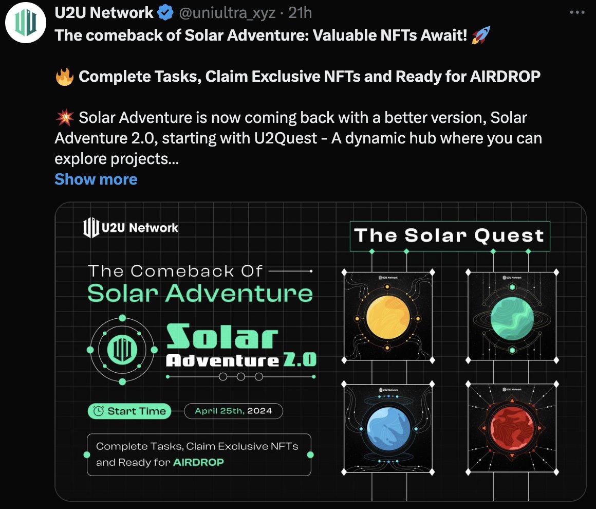 - ̗̀📢 #U2UNetwork #Airdrop 情報🉐 ✅ プロジェクト: U2UNetwork ✅ 無料で参加可能 💰 ✅ NFTをミントして権利獲得 #Aptos の様に、クエストを完了して$1000の #エアドロ をゲットしたいですね🥰 参加方法をリプにまとめてます‼️ 是非参加しておきましょ🌸 👇🏻参加方法はリプに (1/n)