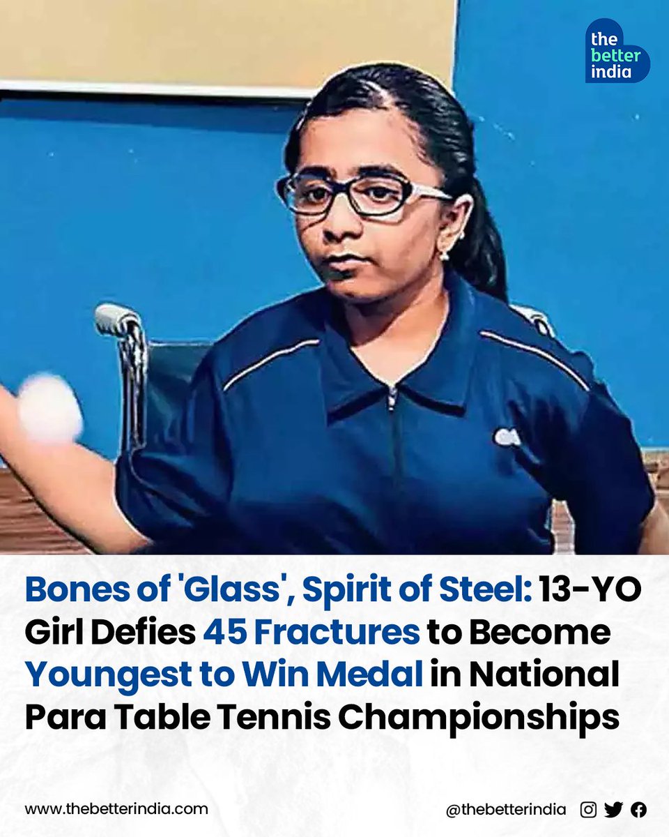 Vijaya Deepika, a 13-year-old from Secunderabad, became the youngest medalist at the UTT Para Table Tennis National Championship in Indore this March. 

#ParaTTChampion #BrittleBoneDisease #TableTennis #TT #Inspiration #Resilience #Secunderabad