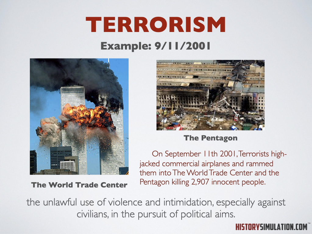 #SocialStudies #Concept Terrorism, the unlawful use of violence and intimidation, especially against civilians, in the pursuit of political aims. historysimulation.com/social-studies…