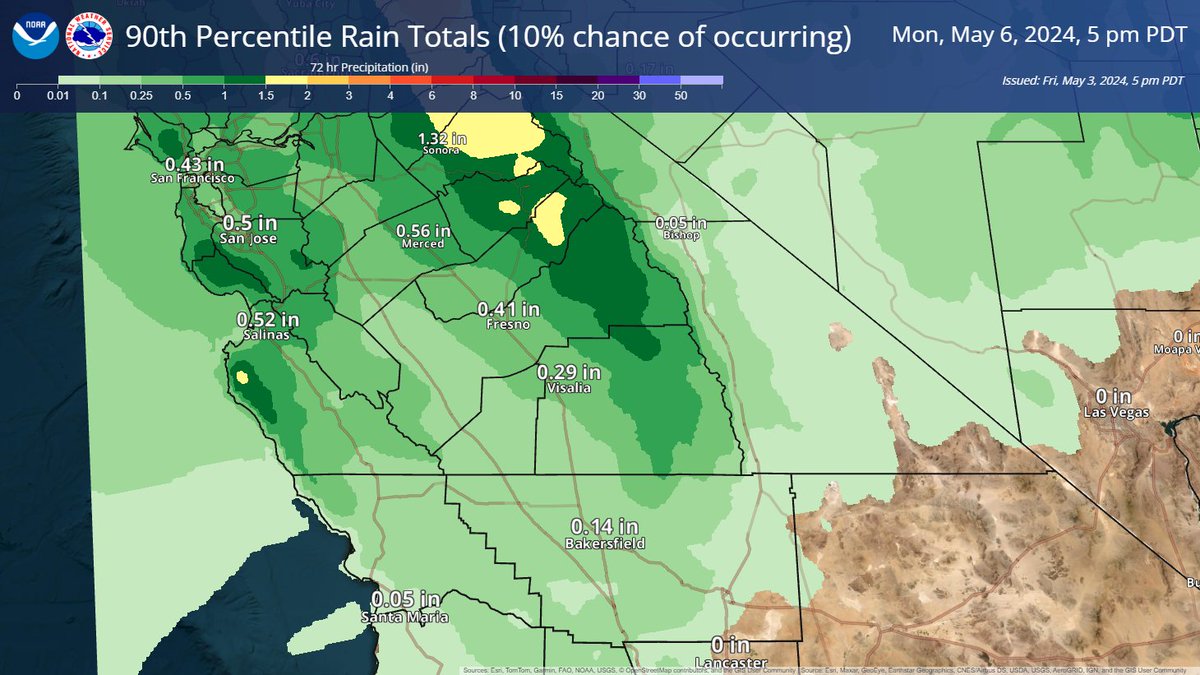 Along with snowfall, here are the low end, high end, and expected rainfall totals across central California this weekend. A few thunderstorms are possible in the Sierra Nevada Saturday afternoon along with stronger wind gusts at the mountain crests. #CAwx