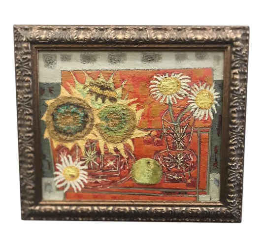 Mid Century Modern Oil On Canvas of Sunflowers and Daisies Shop: l8r.it/9kEq #clutterantiques #sunflowerspainting #daisies #summervibes #midcenturyart #midcenturymodern #midcenturyoilpaiting #oiloncanvas