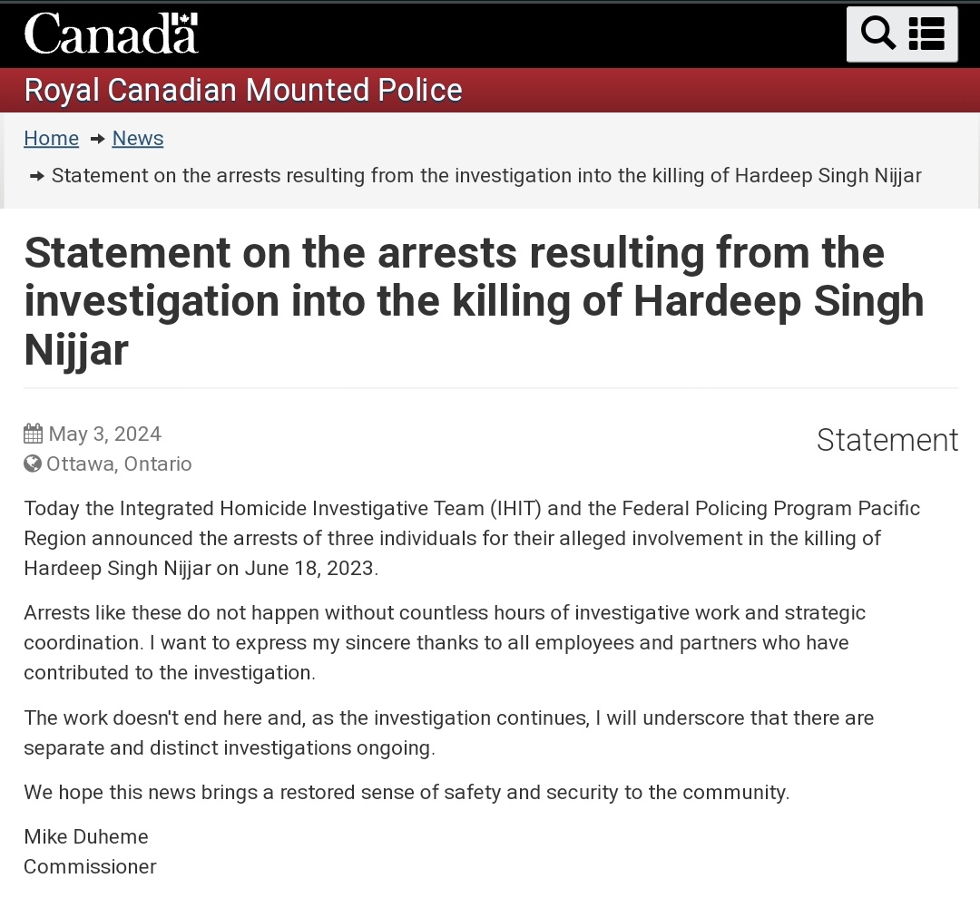 sidhant's tweet photo. Canada says arrested 3 individuals for allegedly involved in the killing of Hardeep Singh Nijjar. Statement. https://t.co/qaPO97Jl9D
