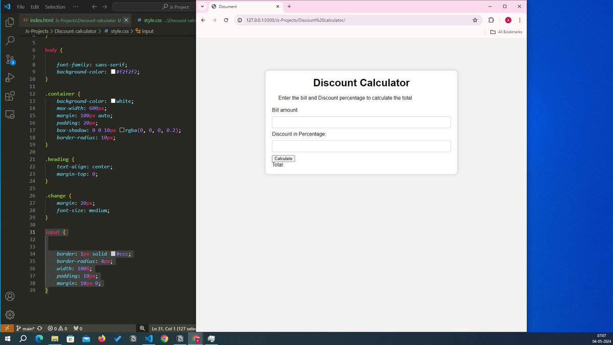 Day 77
Done Tasks:
✅ 4:30 A.M: Started coding
✅ 2 hours of coding
✅ Started my 2nd project - Discount calculator to 
        find out,How much money I saved after applying a 
        discount
✅Meditation done

#100DaysOfCode #CodeNewbie #CodingJourney #WebDevelopment