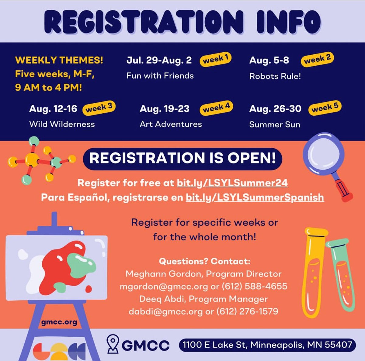PowderhornMpls's tweet image. FREE @gmcc_mn Youth Summer Camp! 💡
Registration is OPEN for the 2024 Lake Street Youth
Labs Summer Camp, which will run from July 29th to
August 30th, 2024.

Register now for FREE at bit.ly/LSYLSummer24. Para
Español, registrarse en bit.ly/LSYLSummerSpan….