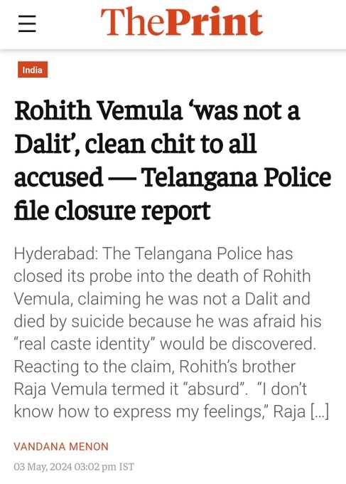 Every political bastards misused criminal #RohithVemula's death, including @RahulGandhi
N
@narendramodi.
Any answers you scumbugs 
@ambedkariteIND
@Gabbar0099 
@DalitTime
#LokSabhaElections2024 
#ReservationTerrorism.  
Only poor only SCST should get Reservations.