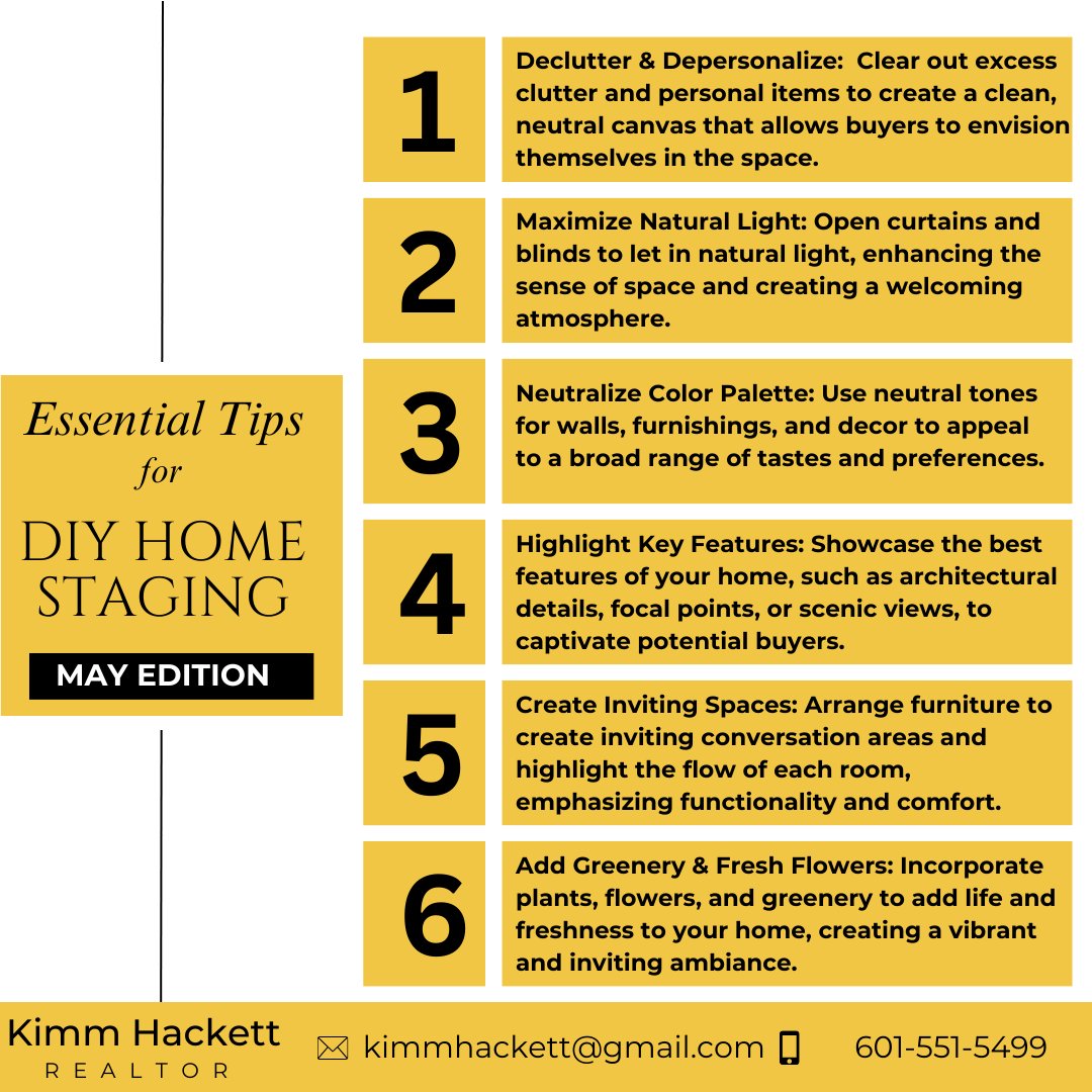 🏠🎉 Hey everyone! 🤩 Check out these 🔝 essential tips for DIY home staging and get ready to be your own home decor pro! 💪🔨 

#DreamHome #RealEstateGoals #FindYourHome #realtor #homebuyer #homeseller #serviceneversleeps #realtorlife #hometips #homesellingtips #realestatetips