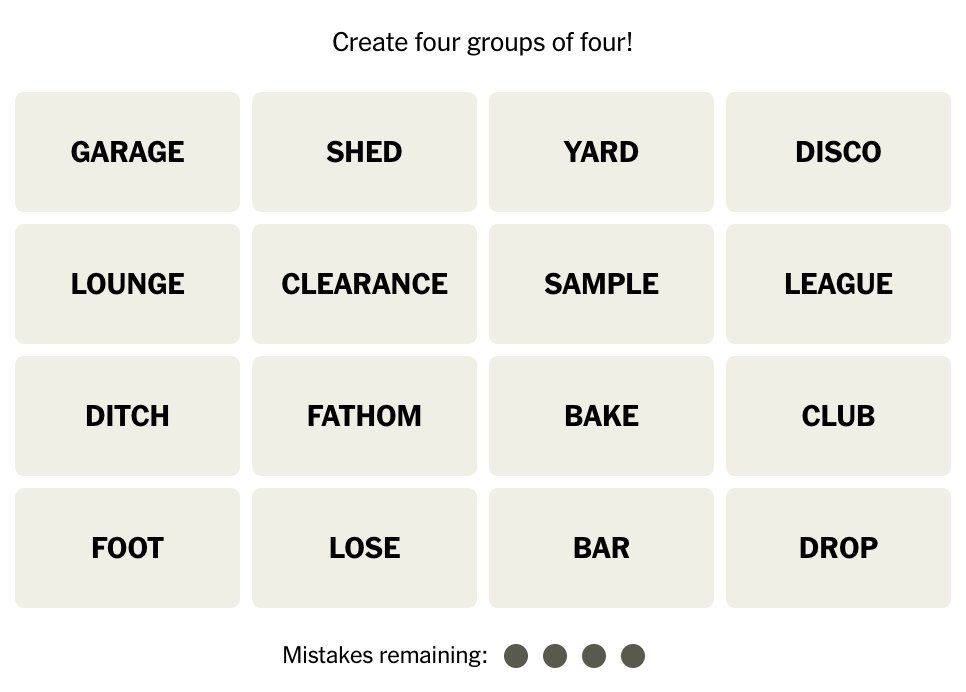 How did you do in Connections today? Players must select four groups of four words without making more than three mistakes. Play here: nyti.ms/4b1QuEP