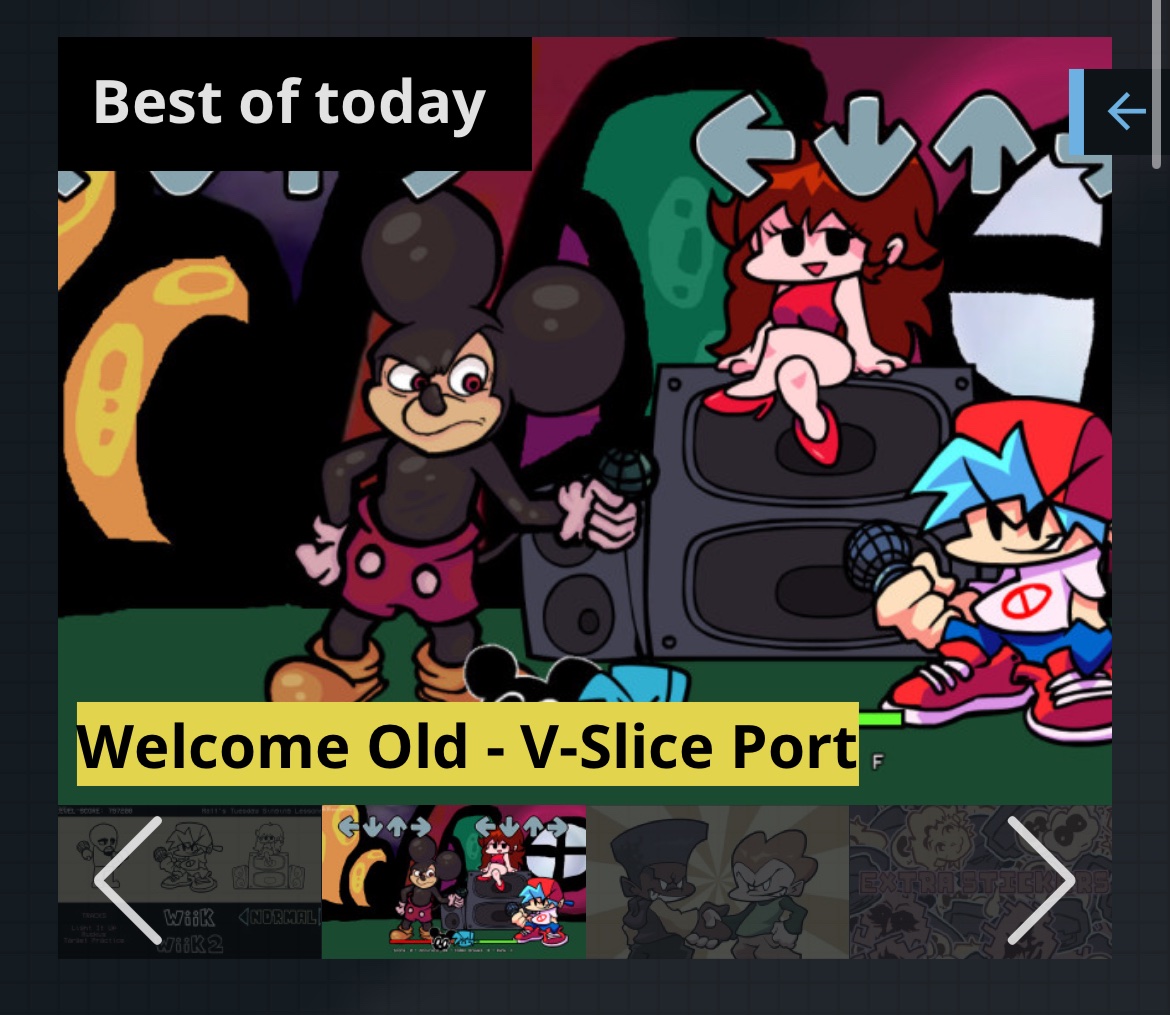 I made a welcome old base game port to test modding on v-slice and it made it onto best of today on gamebanana’s fnf page I’m cooked 😭