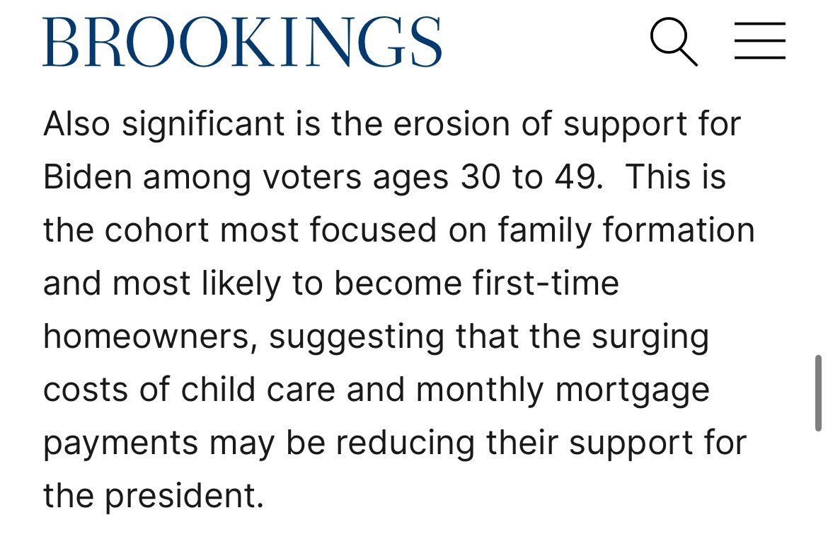 Everything about this chart should make Ds uneasy, but the most striking part about the right column is that the one significant Biden gain from 2020 is a screw-up--should show a 13 pt move toward Trump. Piece even devotes a paragraph to it. brookings.edu/articles/presi…