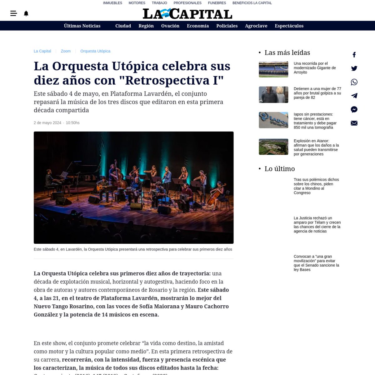 📄 Gracias por la nota <a href="/lacapital/">Diario La Capital</a> 

🔹 Sábado 4/5 en <a href="/plataformaLVDN/">Plataforma Lavarden</a> a las 21hs la Utópica presenta "Retrospectiva 1".

#tango #musicaenvivo #tangonuevo #diariolacapital #music