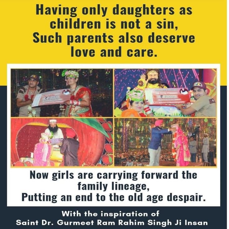 Whirling the doctrinal culture, here at Dera Sacha Sauda, a unique idea has been endeavored where a girl is christened as #KulKaCrown by Saint  Ram  Rahim  Ji – the ‘Crown Of The Lineage’ & brings the groom her home after marriage.
#TheProudDaughters 

SaintMsgInsan