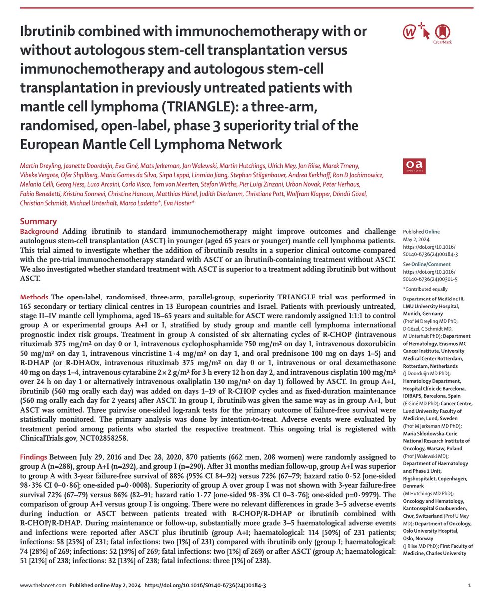 Great to see the TRIANGLE trial finally out @TheLancet: RCT of ibrutinib added to first line chemotherapy for patients with mantle cell lymphoma thelancet.com/journals/lance… + Commentary: Does TRIANGLE take down transplantation in mantle cell lymphoma?thelancet.com/journals/lance… #lymsm