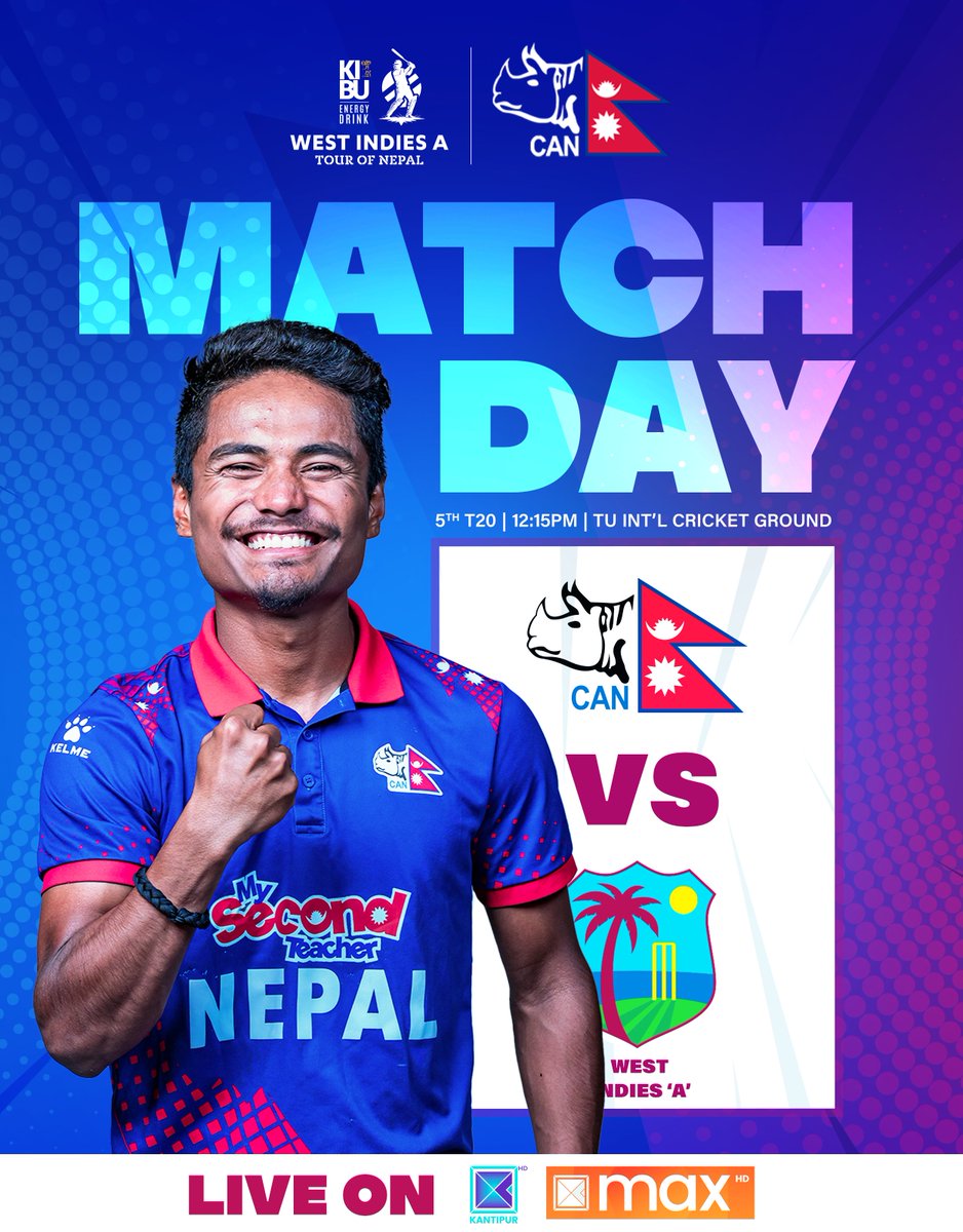 🇳🇵Its the last at-home game as #Rhinos and West Indies A dive into action one more time at TU with the showdown set to start at 12:15 PM 🌴🏏

🇳🇵Book Your Spot for the KiBu West Indies A Tour of Nepal ➡️: bit.ly/nepvswi

#WIndiesATourOfNEP | #WorldCupYear2024