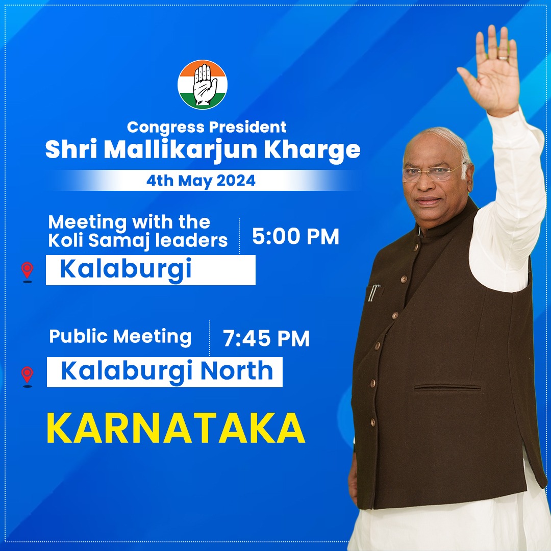 Congress President Shri @kharge is scheduled to meet the Koli Samaj leaders in Kalaburagi and attend a public meeting in Kalaburagi North, Karnataka. Stay tuned to our social media handles for live updates.   📺 twitter.com/INCIndia   📺 facebook.com/IndianNational…   📺…