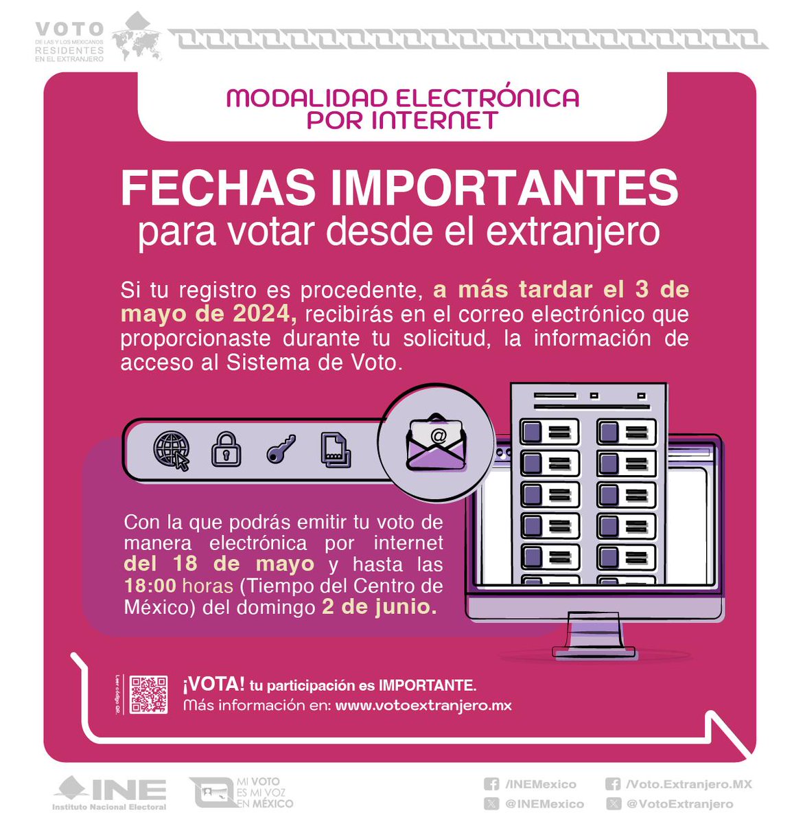 Mexicanas  y mexicanos en el extranjero, si te registraste para votar modalidad  electrónica por internet: ¡no dejes pasar la oportunidad de votar en las  #Elecciones2024MX! Asegúrate de marcar estas fechas en tu calendario y hacer oír tu voz. #ElINEEstáListo #VotoExtranjero