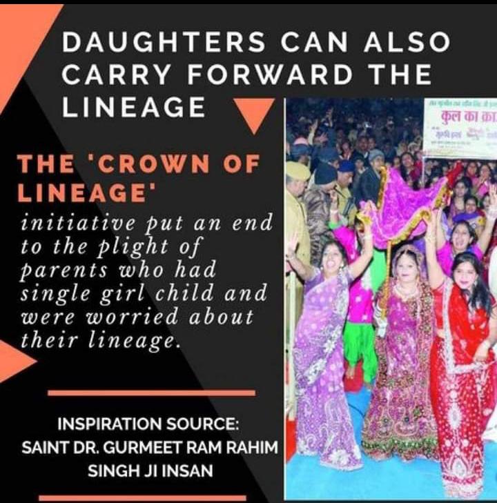 Spritual Guru Saint Ram Rahim Ji started Kul Ka Crown for the upliftment of woman by which lineage of family is carry forwarded by the daughter & many volunteers have step forward to scale the social message of Empower Daughters.#TheProudDaughters
