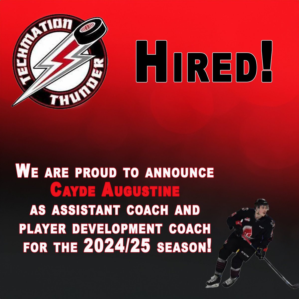 Airdrie Techmation Thunder Announcement: The Airdrie Techmation Thunder are excited to announce that Cayde Augustine will be behind the bench for the 2024\25 season as AC and will also act as Player development coach! Welcome to the Family Cayde, we are super happy to have you.
