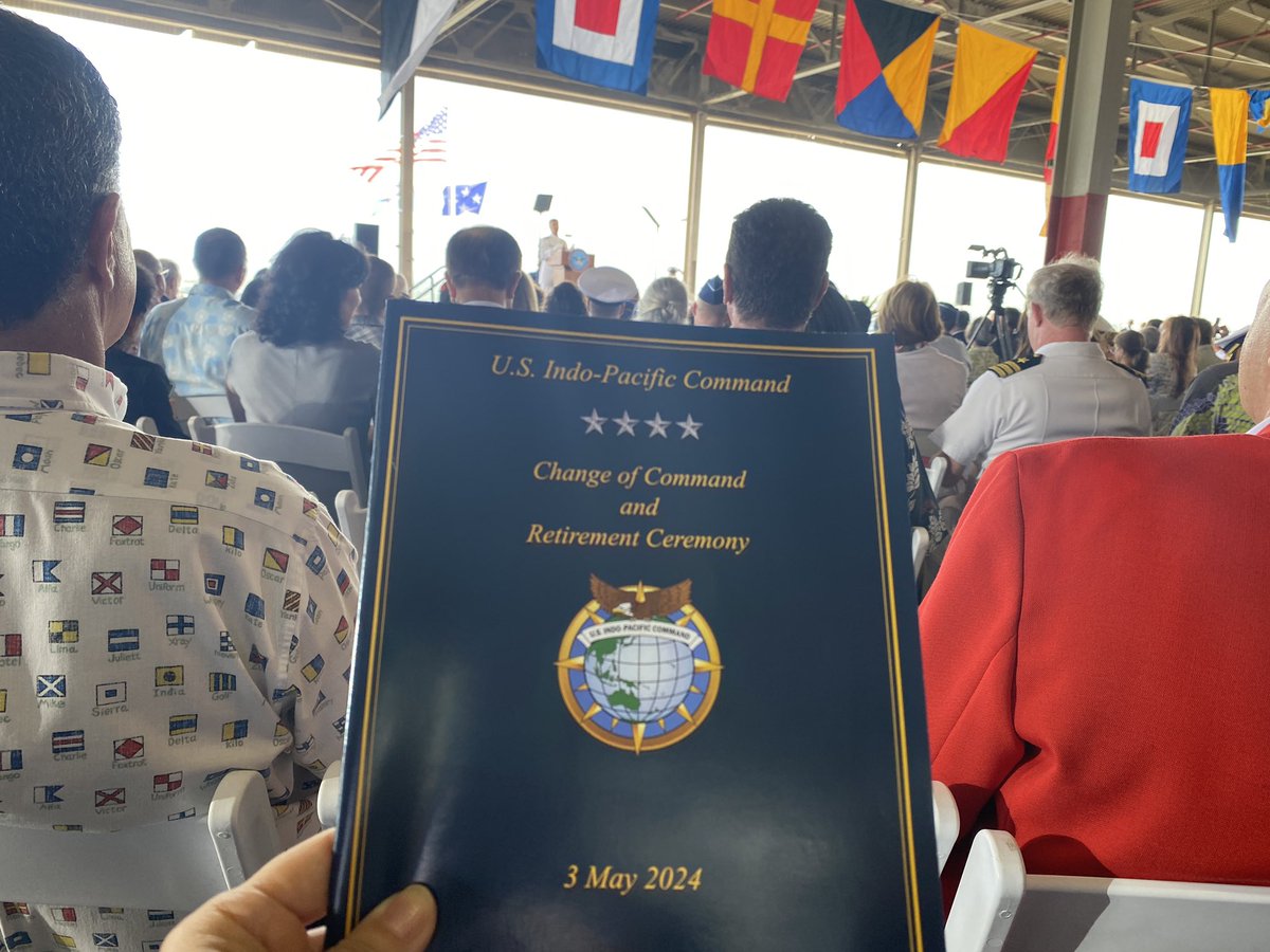 TonyGreubel's tweet photo. Honored to have attended the @INDOPACOM Change of Command Ceremony this morning on behalf of @EastWestCenter President @LumVares . Congratulations to new Commander Admiral Paparo and deep appreciation to Admiral Aquilino. https://t.co/TVh1jEWYd5