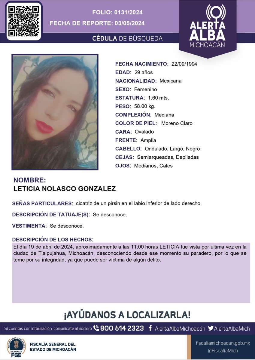 ⚠️🟣 Solicitamos su apoyo para la búsqueda y localización de LETICIA NOLASCO GONZALEZ de 29 años de edad. #Comparte #AlertaAlba #AlertaAlbaMichoacán #AyúdanosAEncontrarla #FGEMich @BotDesaparecidx