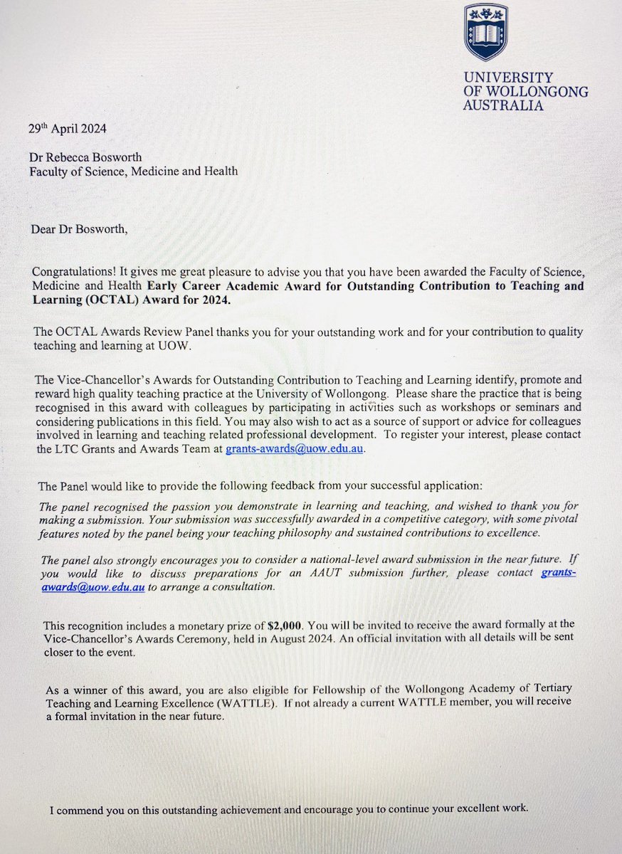 Humbled 2 be awarded the Faculty of Science, Medicine & Health Early Career Academic Vice Chancellor’s Award for Outstanding Contribution to #Teaching & #Learning #OCTAL award. Incredibly grateful for 🌟@UoWnursing student/colleague nominations/support 🌟 L&T mentors 🙌 @UOW_VC