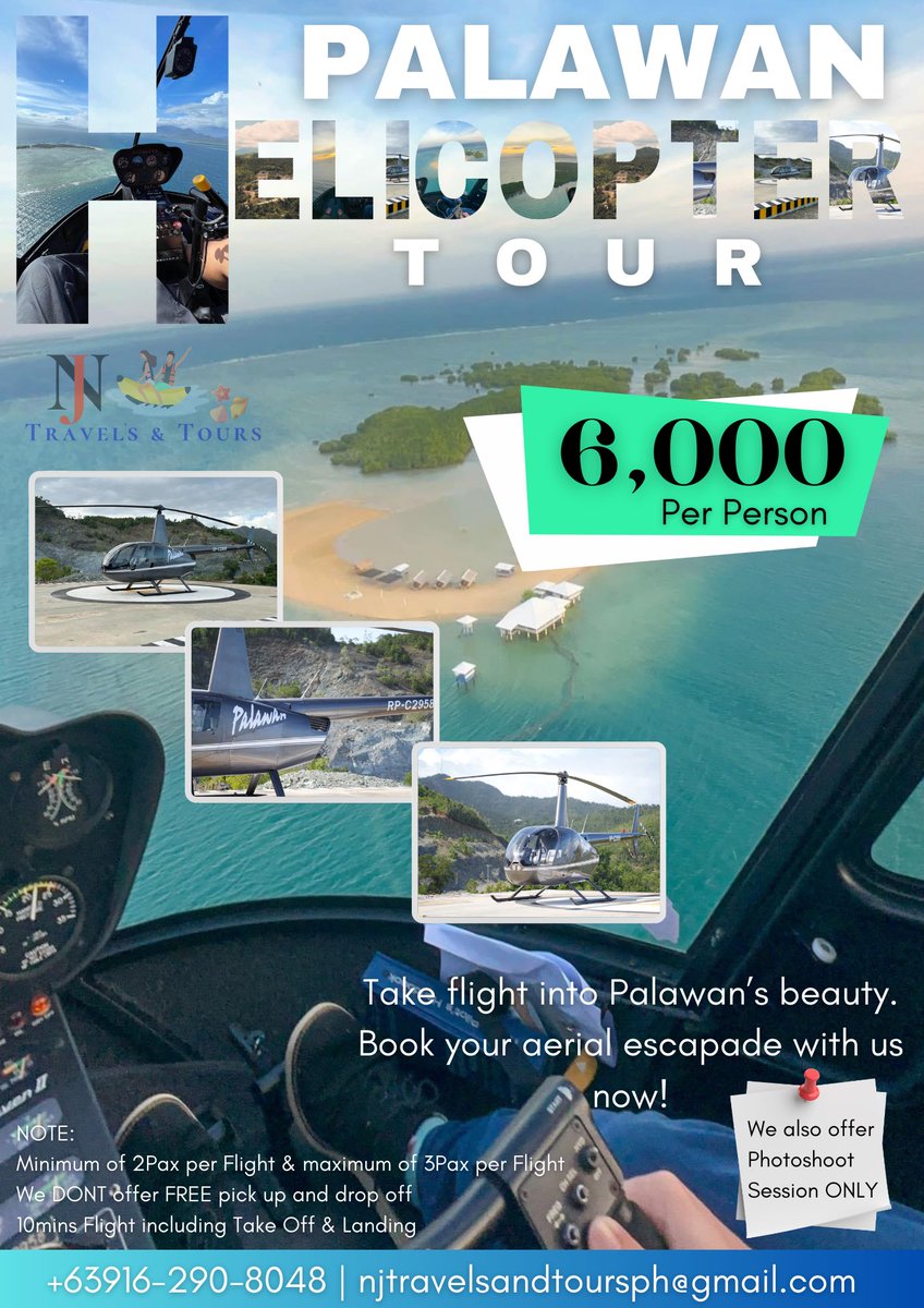 Take flight into Palawan's beauty.
Book your aerial escapade with us now! 🚁

☎️ 𝐖𝐡𝐚𝐭𝐬𝐀𝐩𝐩 - 𝐕𝐢𝐛𝐞𝐫 - 𝐓𝐞𝐥𝐞𝐠𝐫𝐚𝐦
+63916-290-8048

#tours #wateractivities  #lovethephilippines  #legit #booknow #ticket #travelagency #fullpackage #palawan #helicoptertour  #helitour