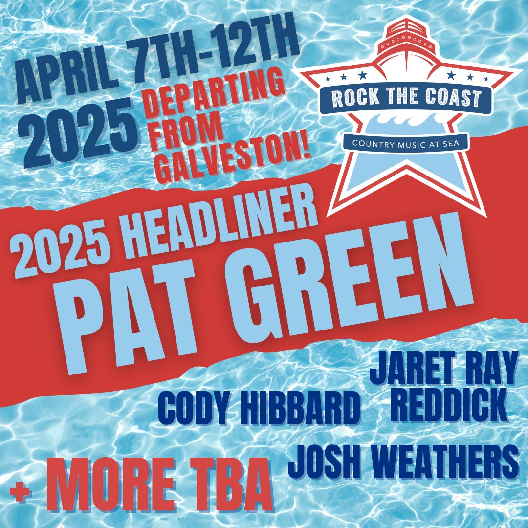 Rock The Coast (@rockthecoasttx) on Twitter photo Reserve your cabin now for Rock The Coast 2025!
•
➡️ April 7–12, 2025 departing from Galveston, TX 🚢
•
Featuring performances from <a href="/PATGREENMUSIC/">Pat Green</a> <a href="/jaret2113/">Jaret Ray Reddick</a> <a href="/codyhibbard_/">Cody Hibbard</a> <a href="/JoshWeathers/">Josh Weathers</a> + many more artists TBA soon!
•
RockTheCoastTX.com
🚨 you must book direct with RTC! Reserve your cabin now for Rock The Coast 2025!
•
➡️ April 7–12, 2025 departing from Galveston, TX 🚢
•
Featuring performances from <a href="/PATGREENMUSIC/">Pat Green</a> <a href="/jaret2113/">Jaret Ray Reddick</a> <a href="/codyhibbard_/">Cody Hibbard</a> <a href="/JoshWeathers/">Josh Weathers</a> + many more artists TBA soon!
•
RockTheCoastTX.com
🚨 you must book direct with RTC!