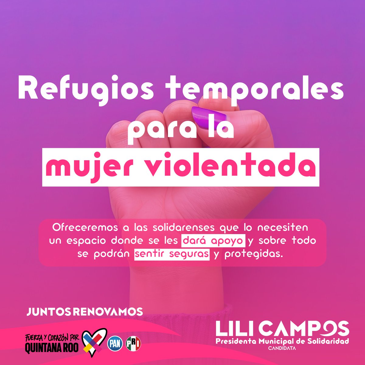 ¡Por un Solidaridad seguro para todas! Pondremos a disposición refugios temporales para mujeres víctimas de violencia doméstica. ¡No más miedo en casa! 🏠💪 #JuntosRenovamos