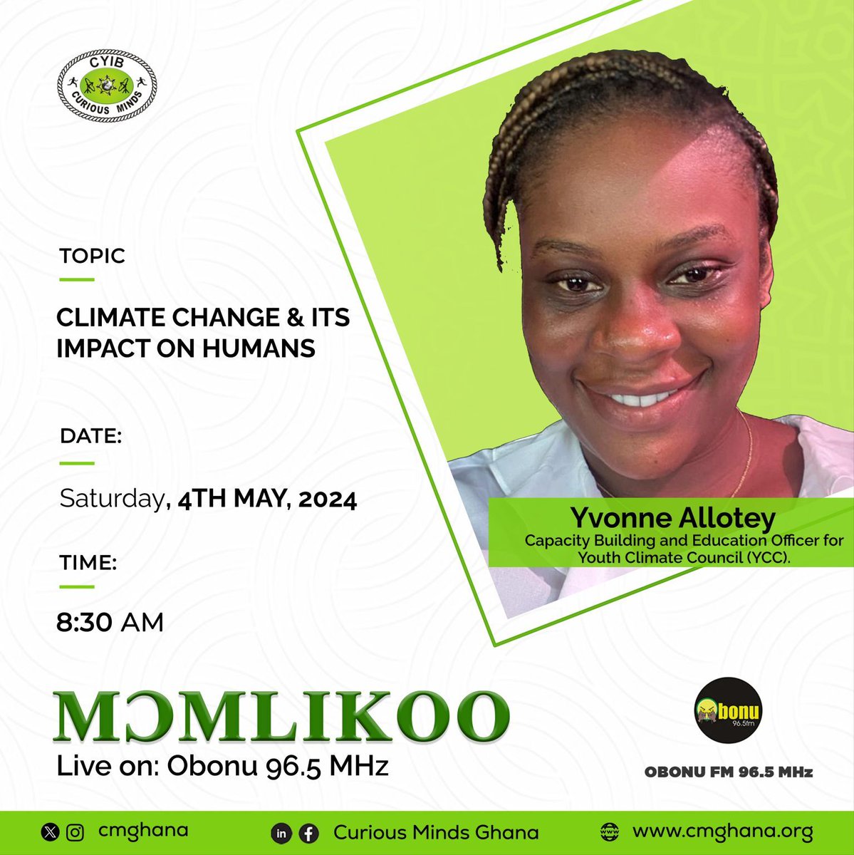 Listen in today at 8:30am on Obonu FM as our Capacity Building and Education Officer, Yvonne Allotey, talks about climate change and its impacts on humans. Let's take #climateaction now🌱💪‼️ #YouthMovement